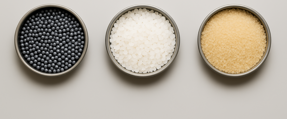 Porównanie trzech materiałów ściernych do obróbki metalu: śrut stalowy, biały korund i piasek kwarcowy w przezroczystych pojemnikach na metalowej powierzchni.