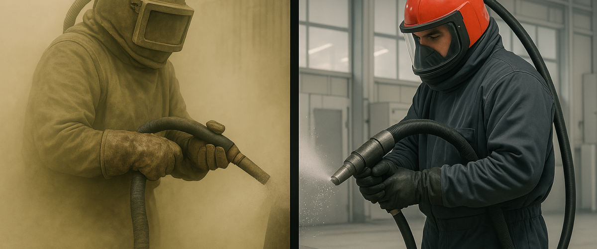 Ilustracja porównująca dwie metody czyszczenia powierzchni – po lewej stronie zakurzone, niebezpieczne piaskowanie piaskiem, po prawej nowoczesne, bezpyłowe śrutowanie przy użyciu bezpiecznego ścierniwa.