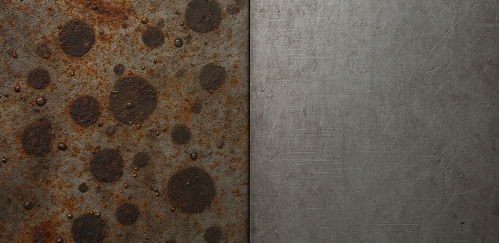 Kolaż z dwóch obrazów: lewa połowa pokazuje metalową powierzchnię pokrytą rdzą i oleistymi plamami, prawa połowa — tę samą powierzchnię po oczyszczeniu, ukazującą czysty metal.