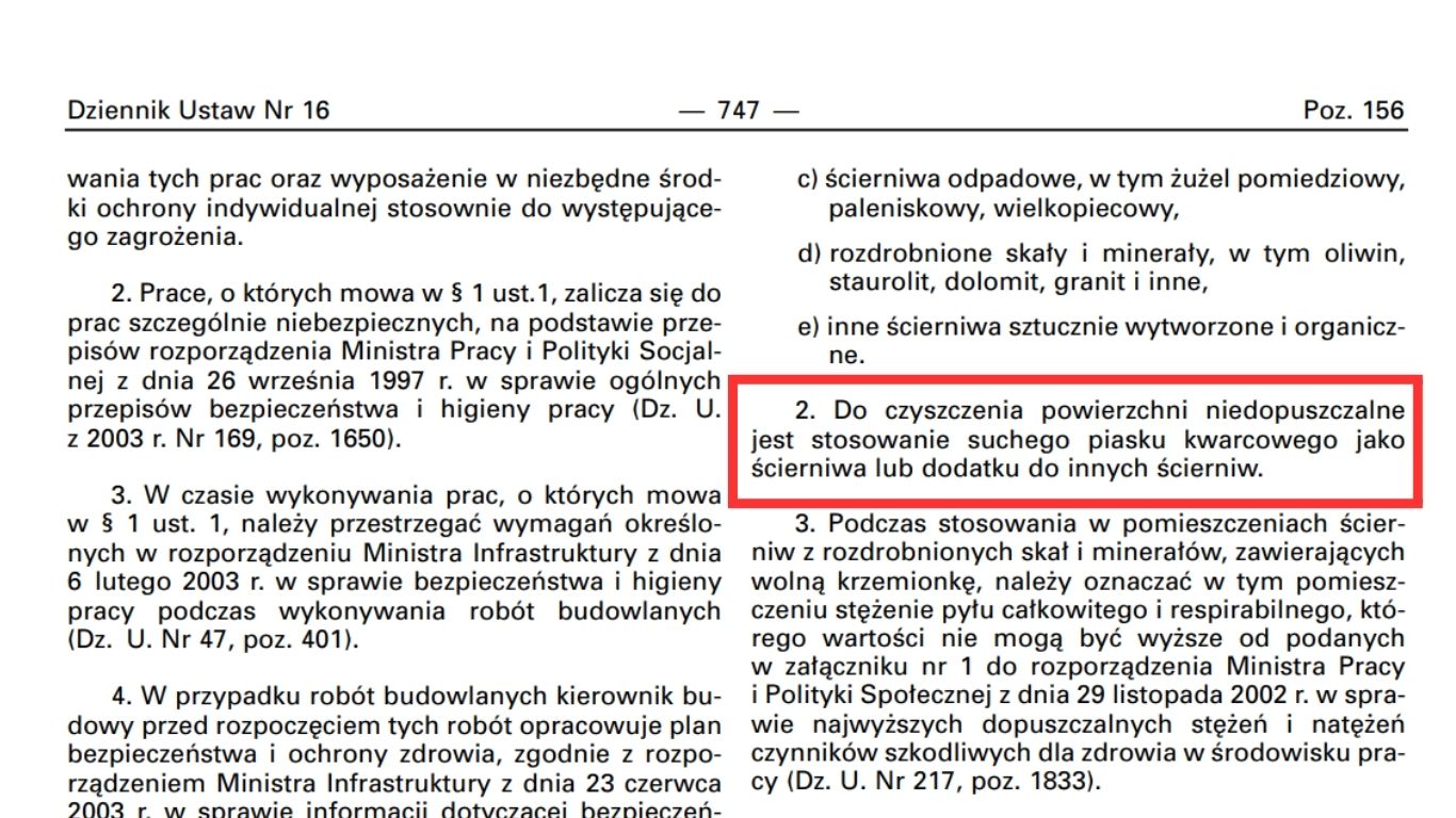 Excerpt from the regulation banning dry quartz sand use