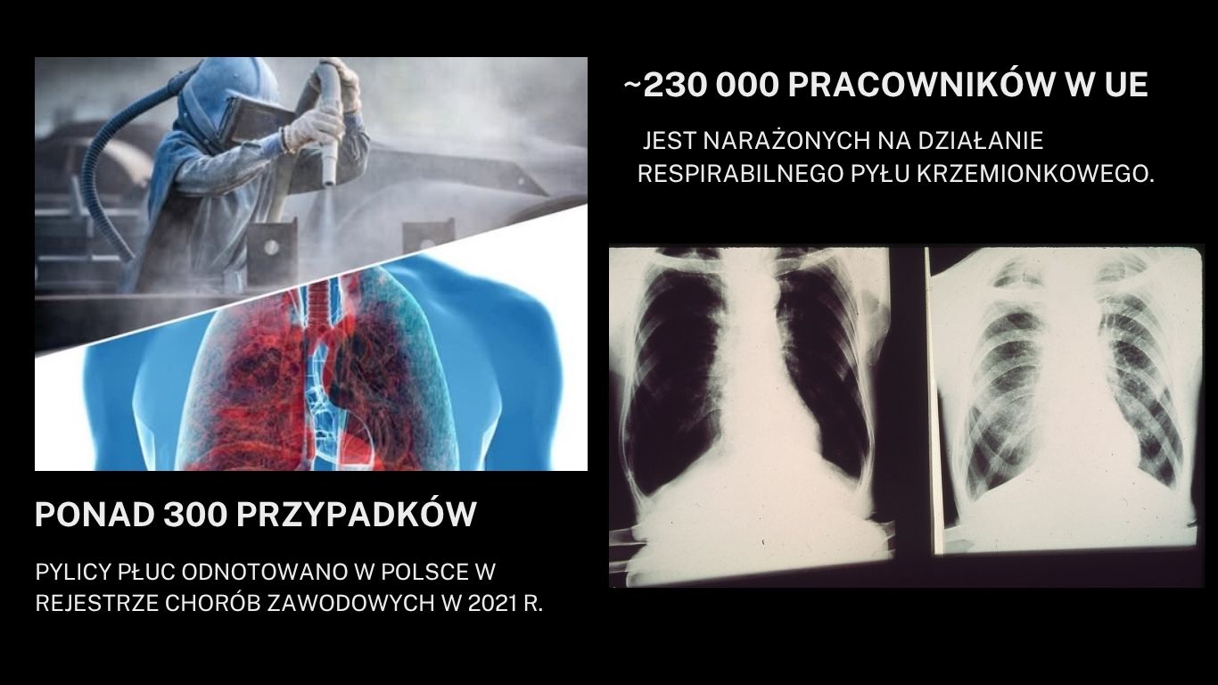 Diagram of health effects of inhaling silica dust – lung disease, cancer, respiratory issues – data from Poland and Europe
