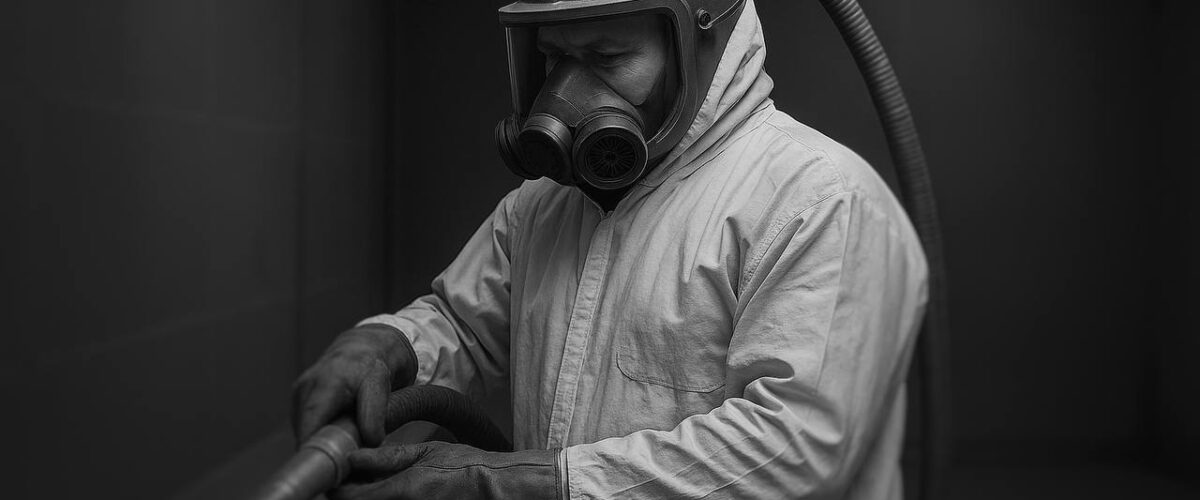 Operator śrutowni w odzieży ochronnej i masce filtrującej