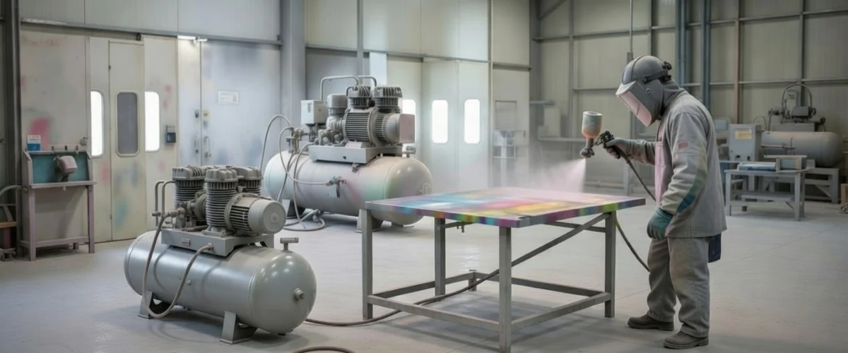 Compressor for shot blasting in industrial workshop during powder coating process